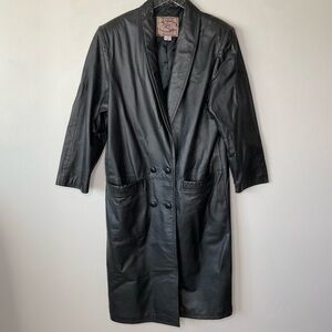 Vintage Long Leather Button Front Coat Size M Black Trench